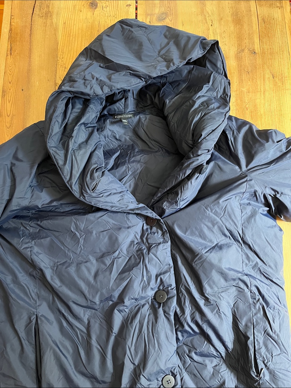 EILEEN FISHER L Blue Duck Down Hooded Jacket Recycled Nylon Button Up